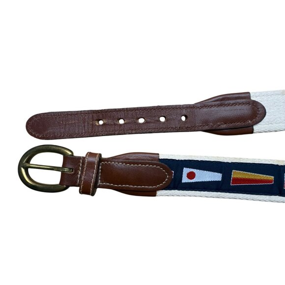 Leather Nautical Belt With Canvas & Brass Buckle Flag Design Pattern - Picture 5 of 8
